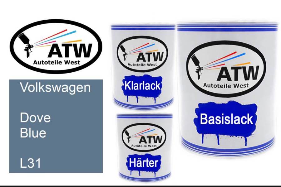 Volkswagen, Dove Blue, L31: 1L Lackdose + 1L Klarlack + 500ml Härter - Set, von ATW Autoteile West.